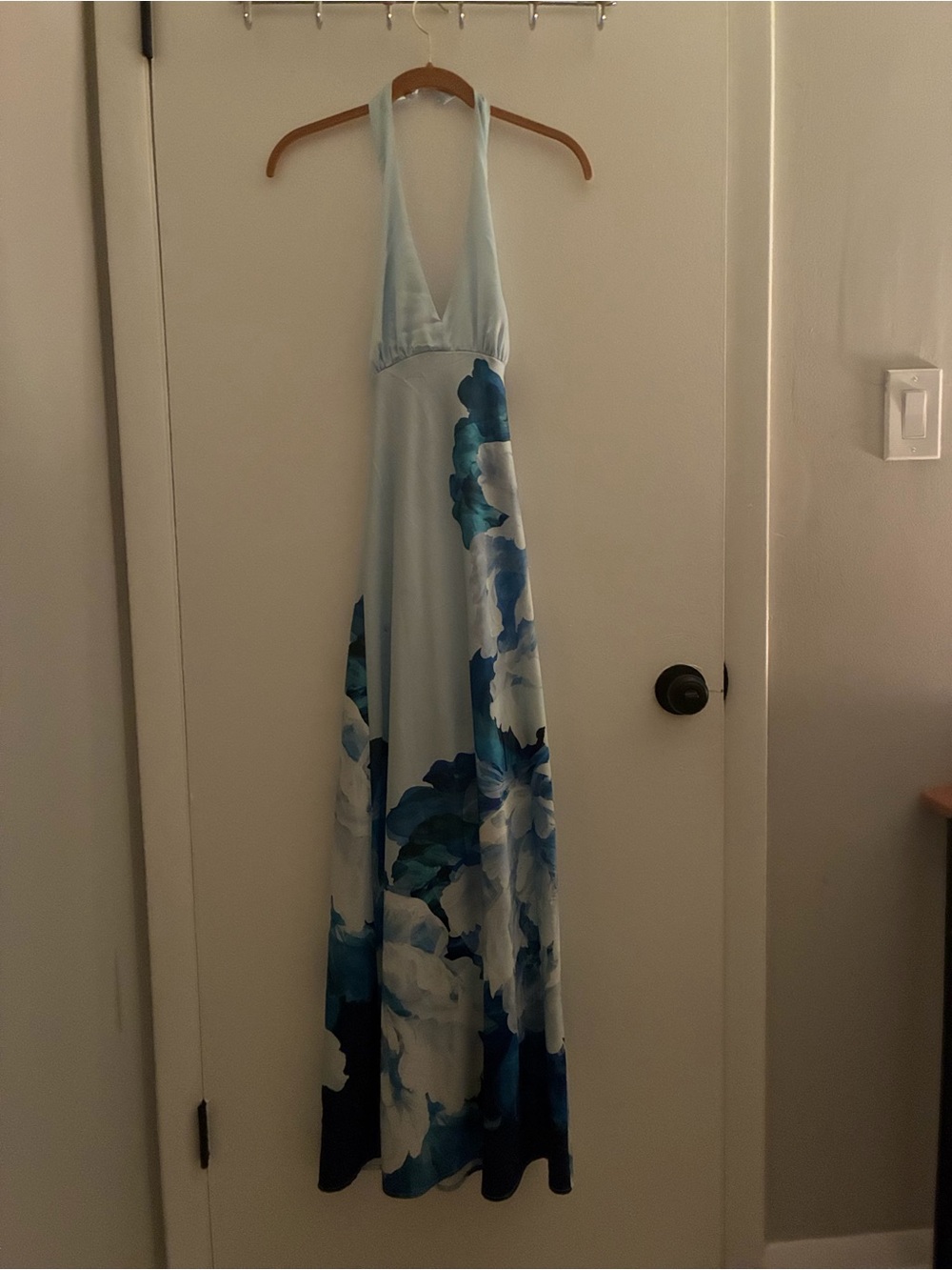 Light Blue Halter Maxi Dress with Blue Floral Print